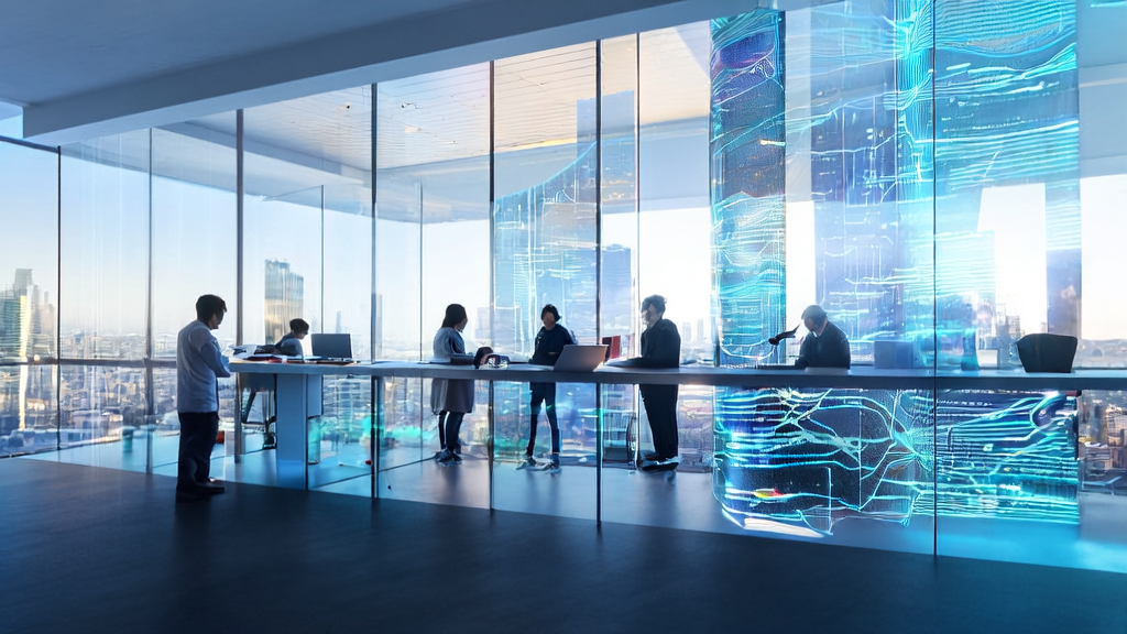 Modern office building in a futuristic city where data scientists are using AI customer prediction models for hyper-personalized email marketing