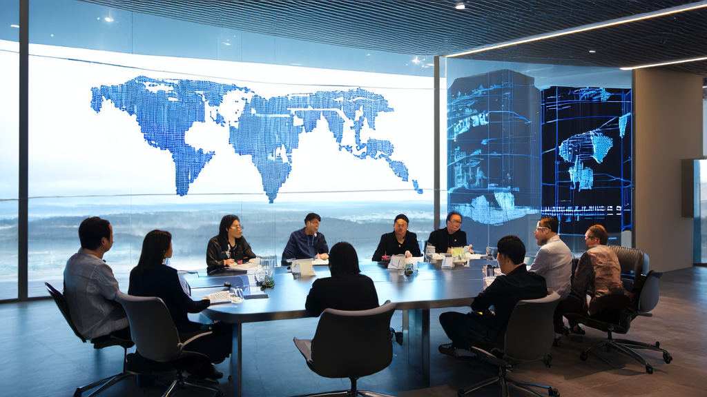 外贸企业员工在会议室中讨论AI客户预测模型的应用，背景为大屏幕展示的腾讯混元2.0模型