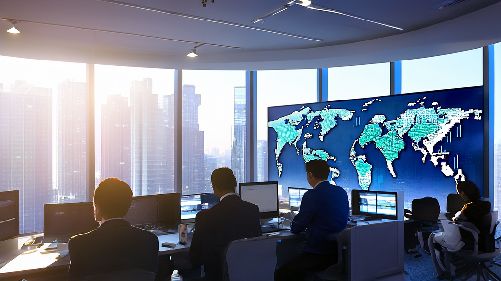 In a modern office, analysts are using AI customer prediction models for export marketing analysis, with a smart robot providing market trend support.