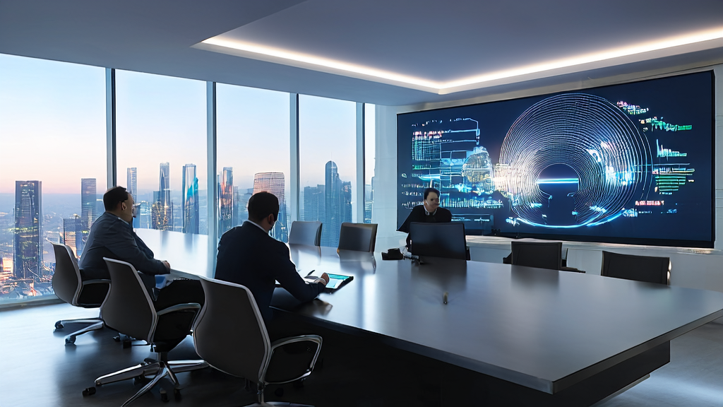 Analysts in an export company office using AI customer prediction models to analyze data, with a backdrop of city skyline and real-time market dynamics.