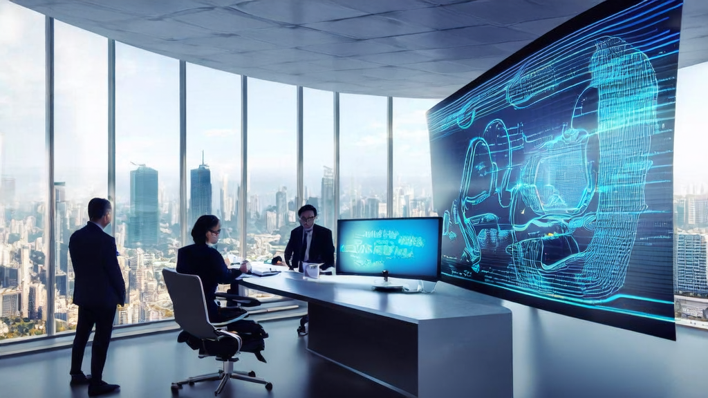 外贸公司办公室内的员工正在使用AI客户预测模型进行数据分析，提升获客效率和客户满意度。