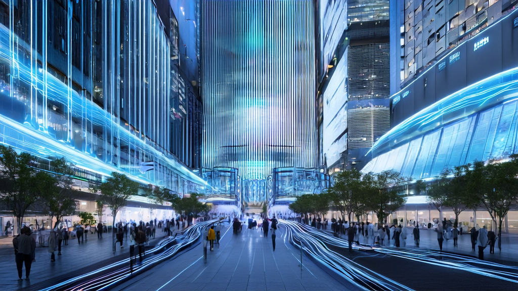 AI customer prediction model displayed in a futuristic city, filtering high-value customers with data streams