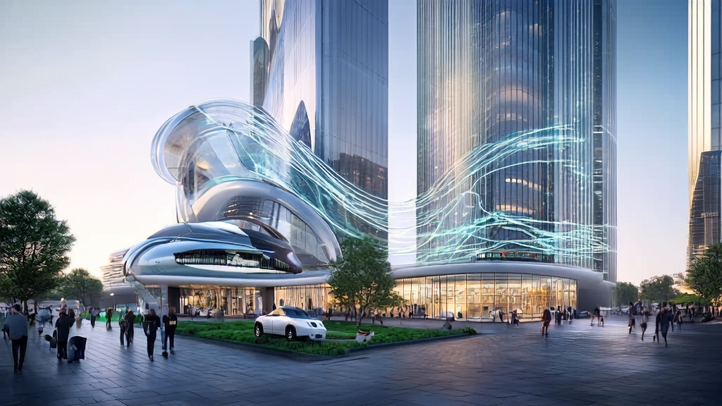 AI customer prediction model in a futuristic cityscape