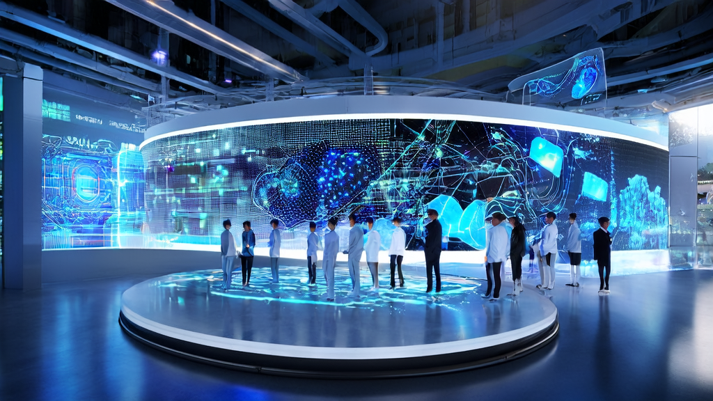 Data scientists in a high-tech lab use AI customer prediction models to analyze real-time customer data, with a bustling city night view outside the window.