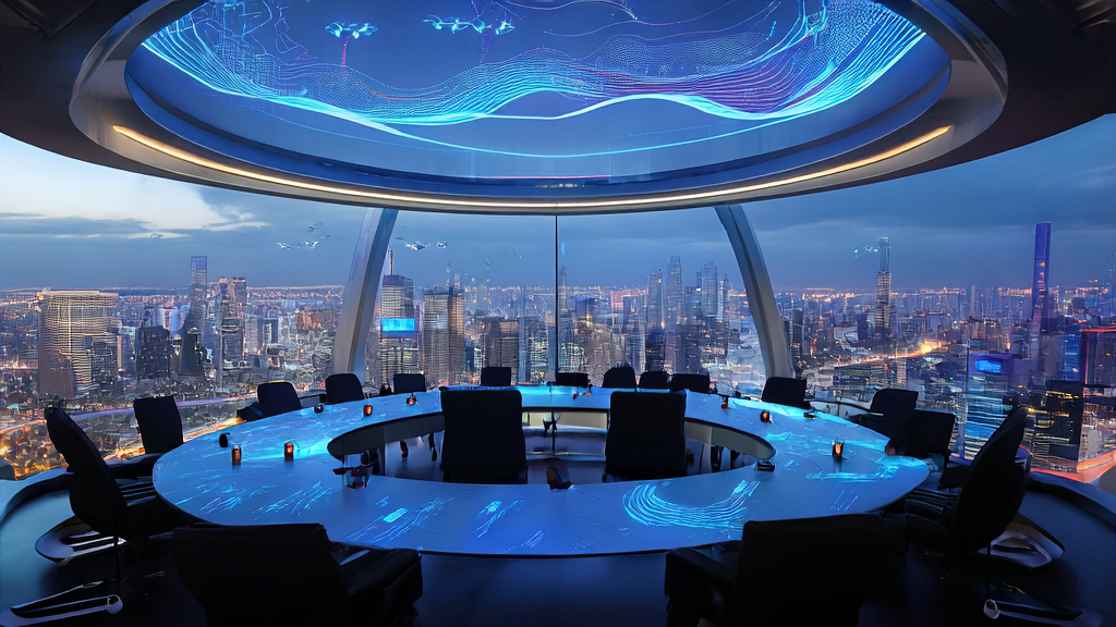 Scene of a modern business meeting room with analysts discussing AI customer prediction model data in a futuristic city