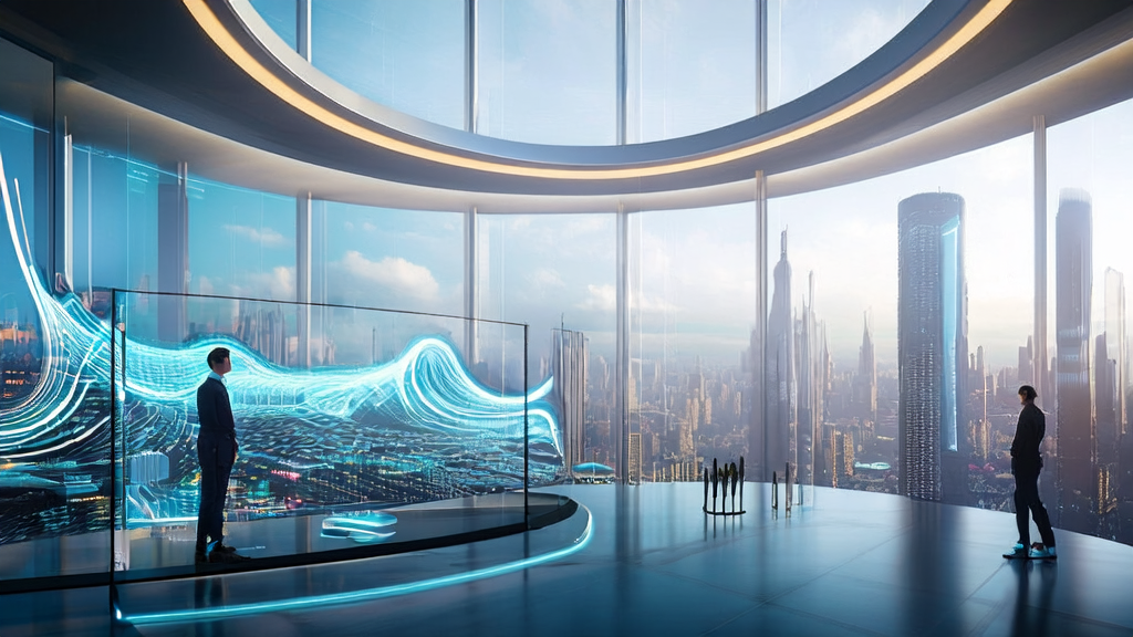 未来城市的高科技大厦中，创业者利用AI客户预测模型分析市场数据，智能机器人助手在一旁协助。