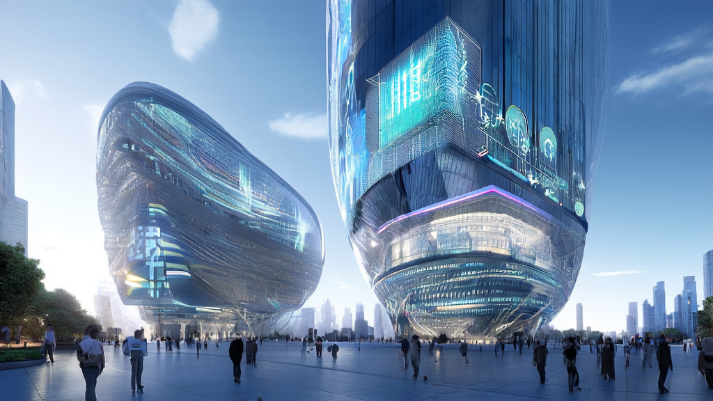 Tech company using AI customer prediction model for precise marketing in a futuristic city