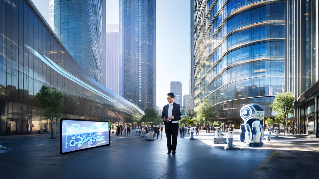 未来城市的现代化办公楼中，一位商务人士正在查看AI客户预测模型的数据分析结果