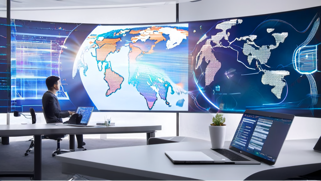 A data scientist in a modern office using AI customer prediction model to analyze cross-border e-commerce customer data and optimize acquisition efficiency