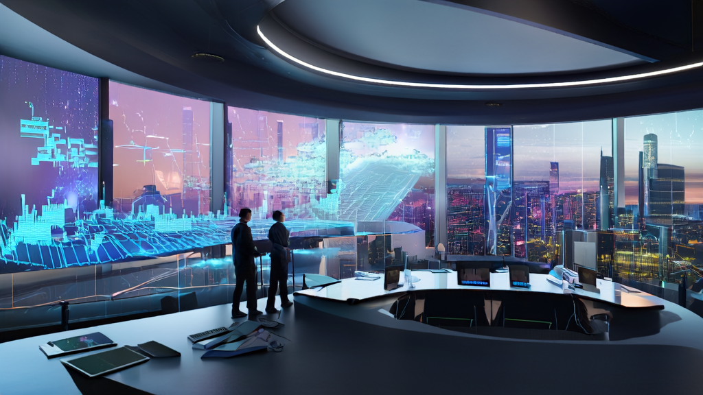 未来感办公室中的工程师们正在使用AI客户预测模型进行数据分析