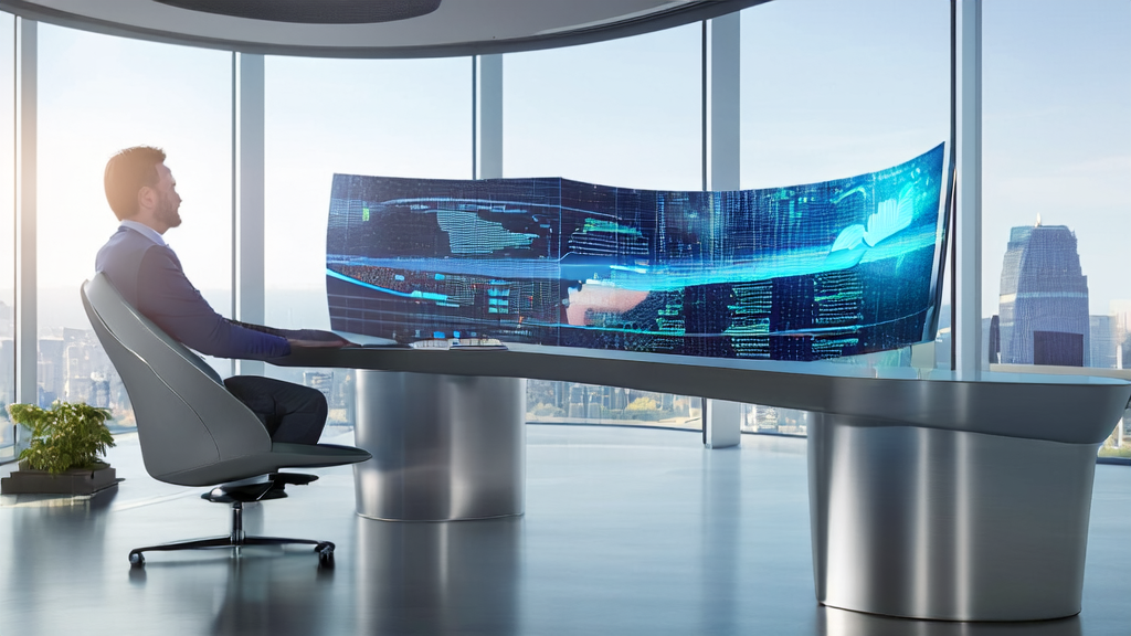 Modern office scene with an export company manager using AI customer prediction model for data analysis