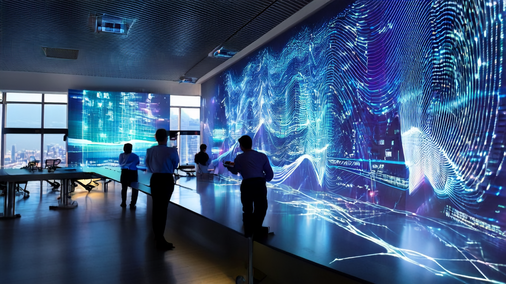 数据科学家在现代化办公大楼中使用AI客户预测模型进行实时数据分析