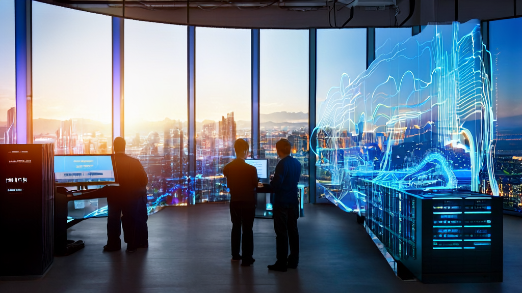 现代化办公室中员工使用AI客户预测模型进行邮件营销，服务器采用高通AI芯片