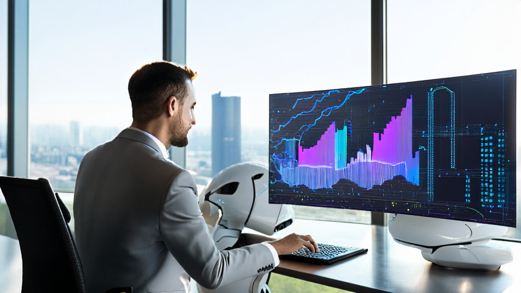 A young professional analyzing AI customer prediction model data in a modern office with the assistance of a 1X Neo robot