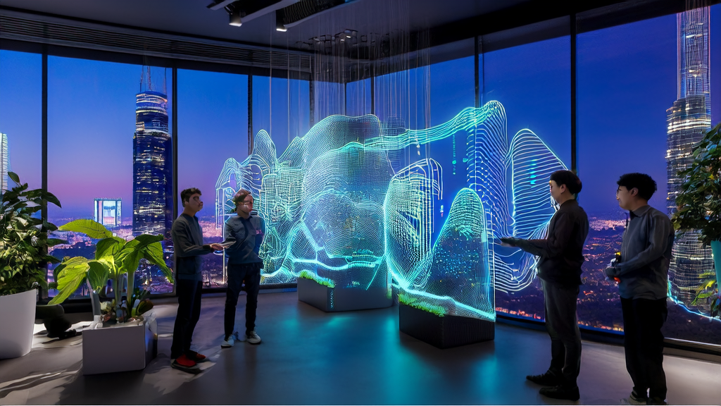 In a modern office environment, a team uses an AI customer prediction model to analyze data, with a bustling city view outside the window.