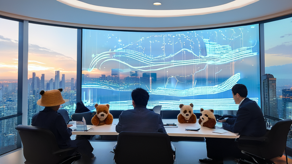 现代化办公室中，团队成员正在讨论AI客户预测模型的数据分析结果，屏幕上显示复杂的图表和实时数据流。