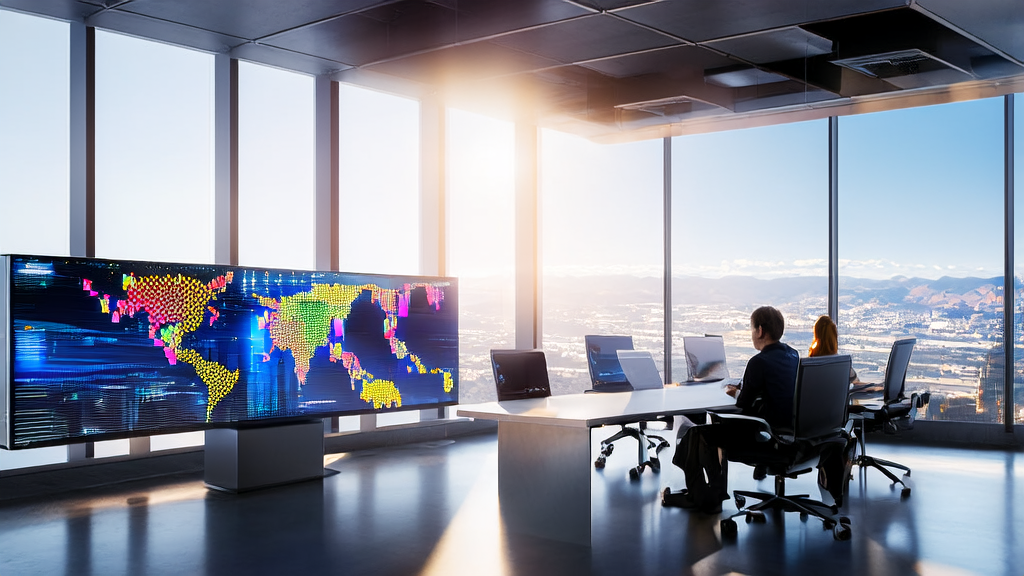 现代化办公室中展示AI客户预测模型的运作和讨论场景