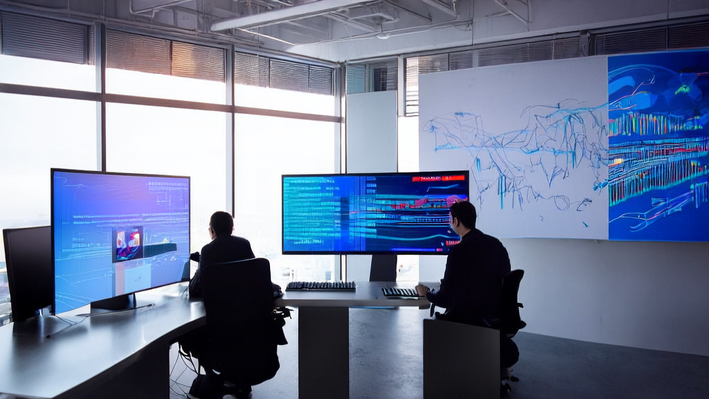 Employees in a modern office using AI customer prediction models for data analysis, with IBM logo and strategic planning whiteboard on the wall