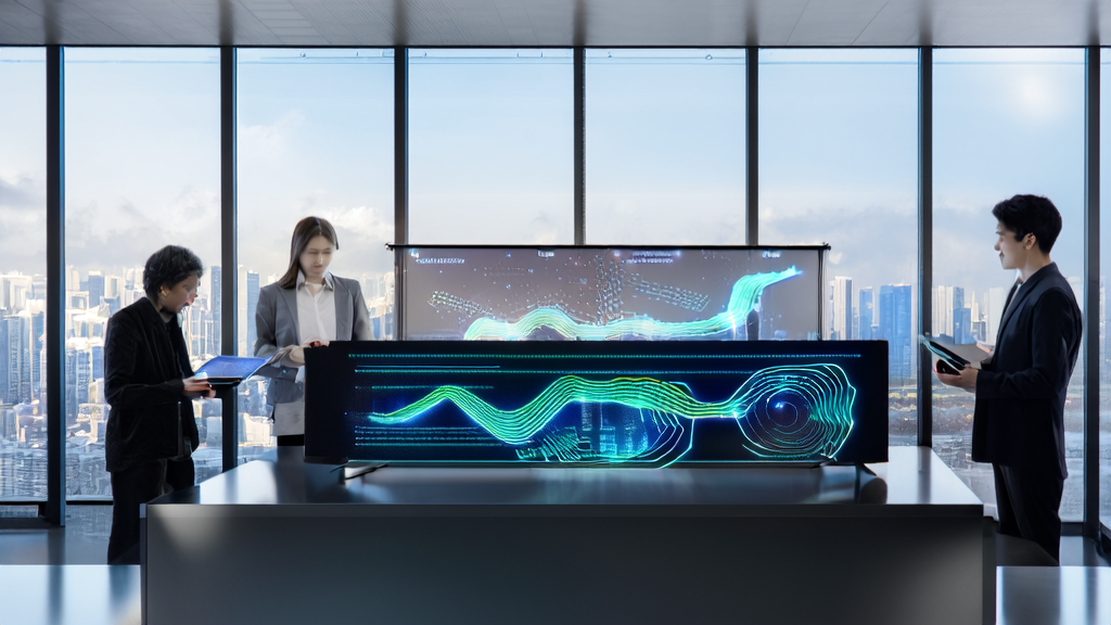 现代化办公室中，分析师们围绕计算机讨论AI客户预测模型，墙上展示B2B成功案例。