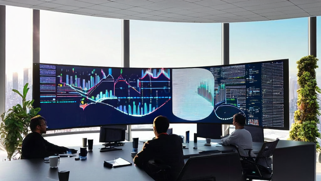 现代办公室中的AI客户预测模型展示，数据科学家们正在讨论精准营销策略