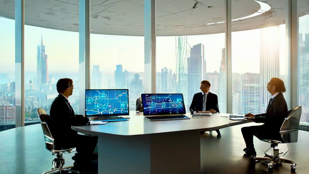 Corporate executives in a modern office using an AI customer prediction model for client screening