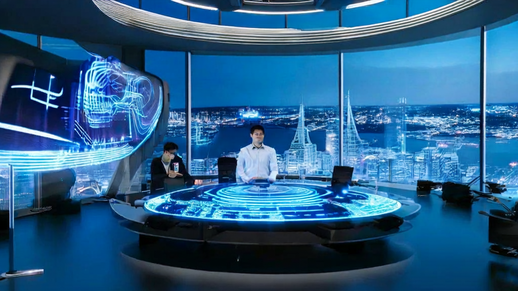 未来感办公室中的年轻分析师正在使用AI客户预测模型进行数据分析