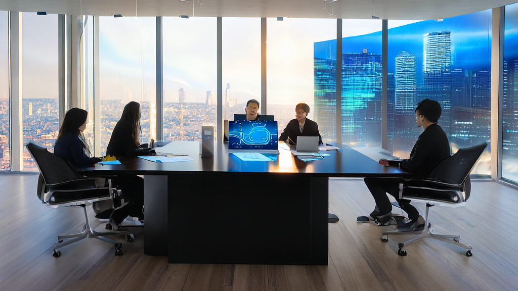 Scene in a modern office showcasing the operation of an AI customer prediction model