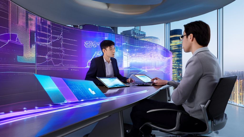 Analysts discussing AI customer prediction model in a modern office with a bustling city night view outside the window