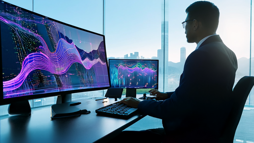 数据科学家在现代化办公室中分析AI客户预测模型的数据