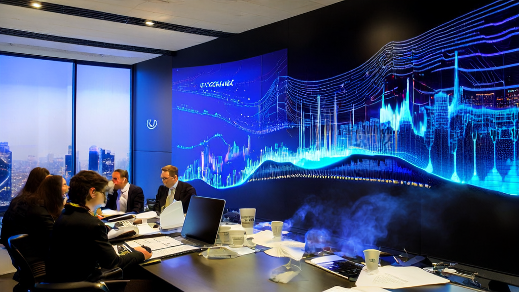 现代化办公环境中，数据科学家们利用AI客户预测模型进行数据分析，背景为城市天际线，突显高效的数据处理能力。