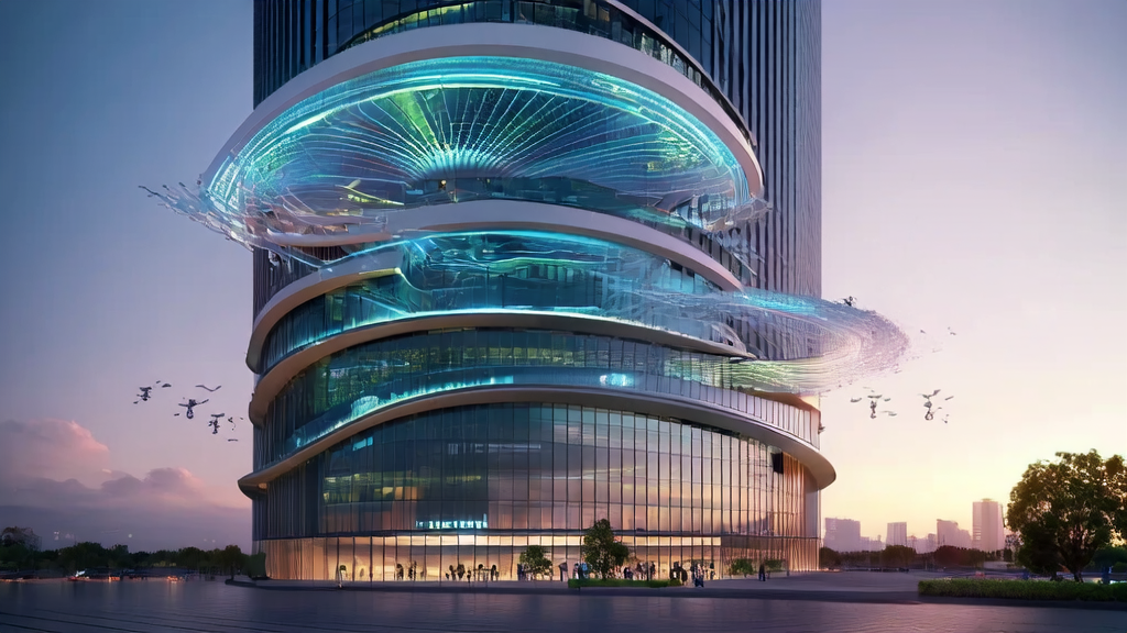 Inside a futuristic office building, employees use AI customer prediction models for data analysis to enhance email marketing efficiency.