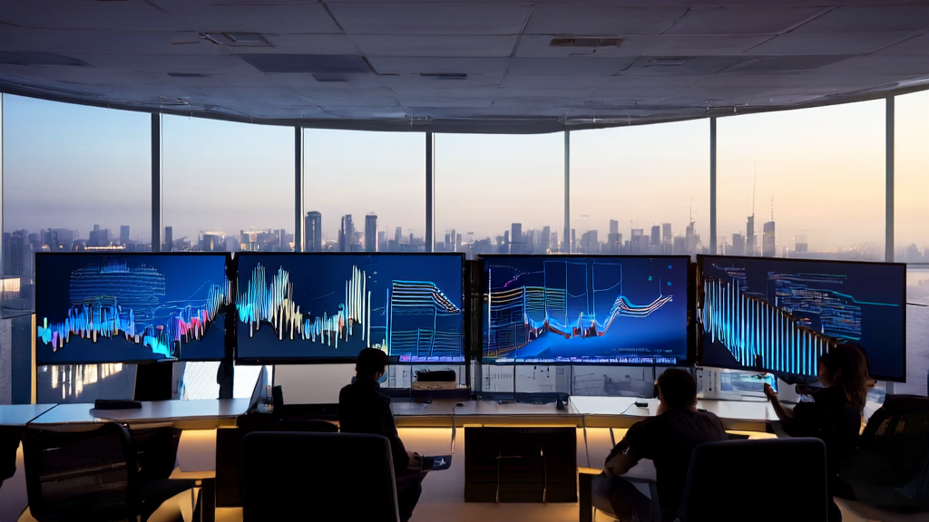 A modern office showcasing the application of AI customer prediction models, including data processing and personalized marketing