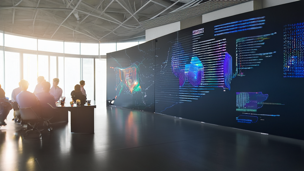 现代办公大楼内的数据科学家们正在利用AI客户预测模型进行数据分析，窗外是马斯克新收购的“MACROHARDRR”建筑群。