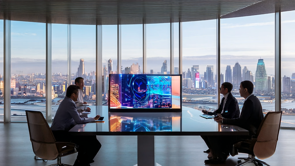 Data scientists discussing the application of AI customer prediction model in a modern office