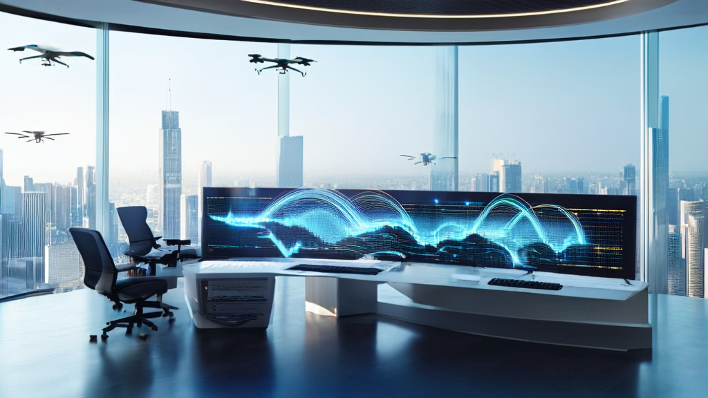 In a futurist office, an analyst is using an AI customer prediction model for data analysis
