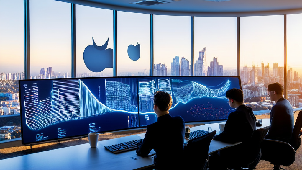 Office employees using AI customer prediction model for market analysis