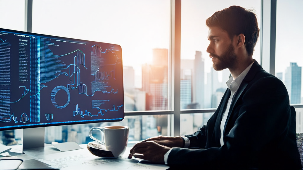 In a modern office, a business analyst is using an AI customer prediction model to analyze data, with a bustling cityscape outside the window.