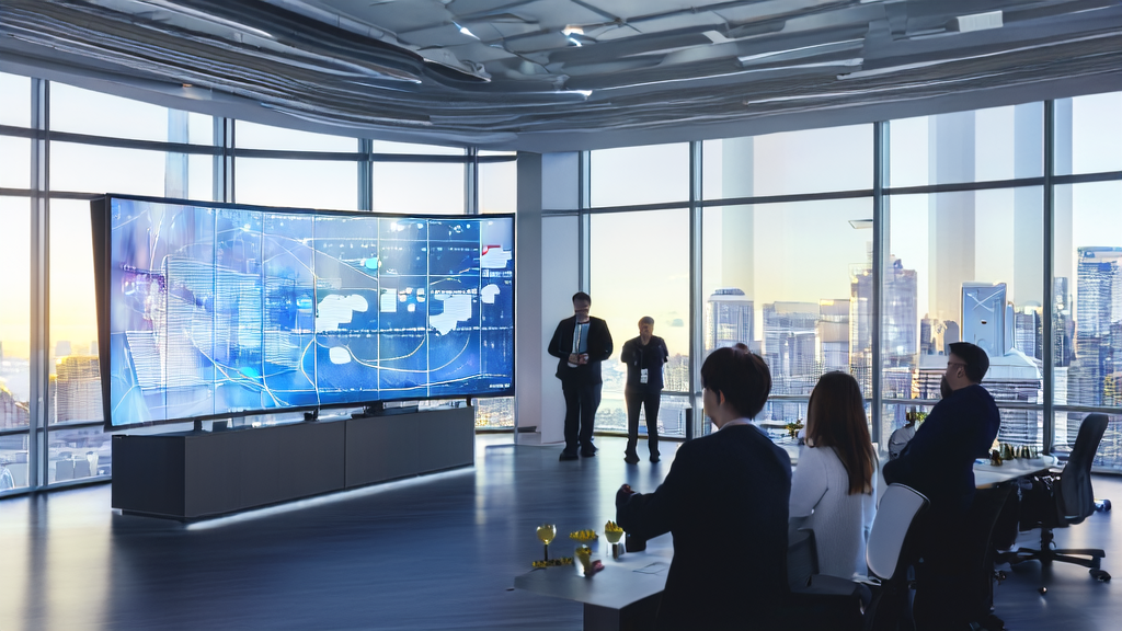 办公室内的团队正在使用AI客户预测模型分析数据，以精准筛选优质客户