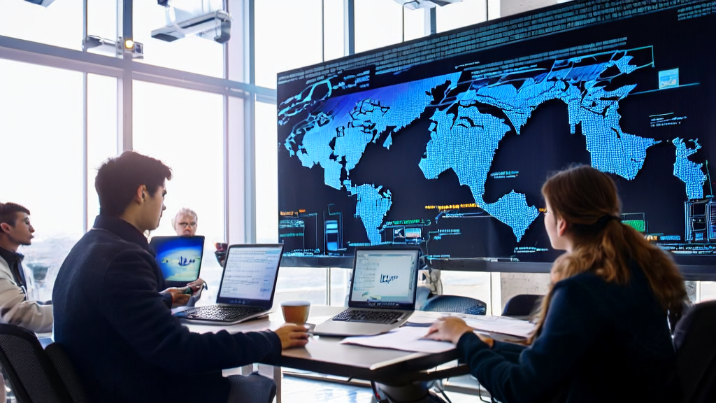 团队在办公室中使用AI客户预测模型进行数据分析