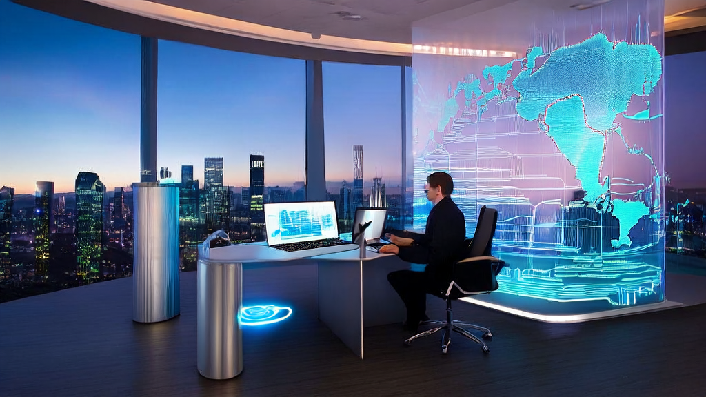 现代化办公室中的分析师正在使用AI客户预测模型分析跨境电商数据