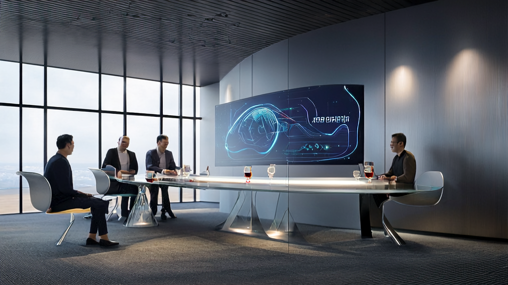 Employees in a modern office discussing AI customer prediction models with high-precision images generated by Nano Banana 2 on display