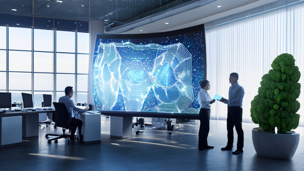 In a tech-filled office, technicians are analyzing data from the AI customer prediction model, with charts highlighting potential high-quality customers.