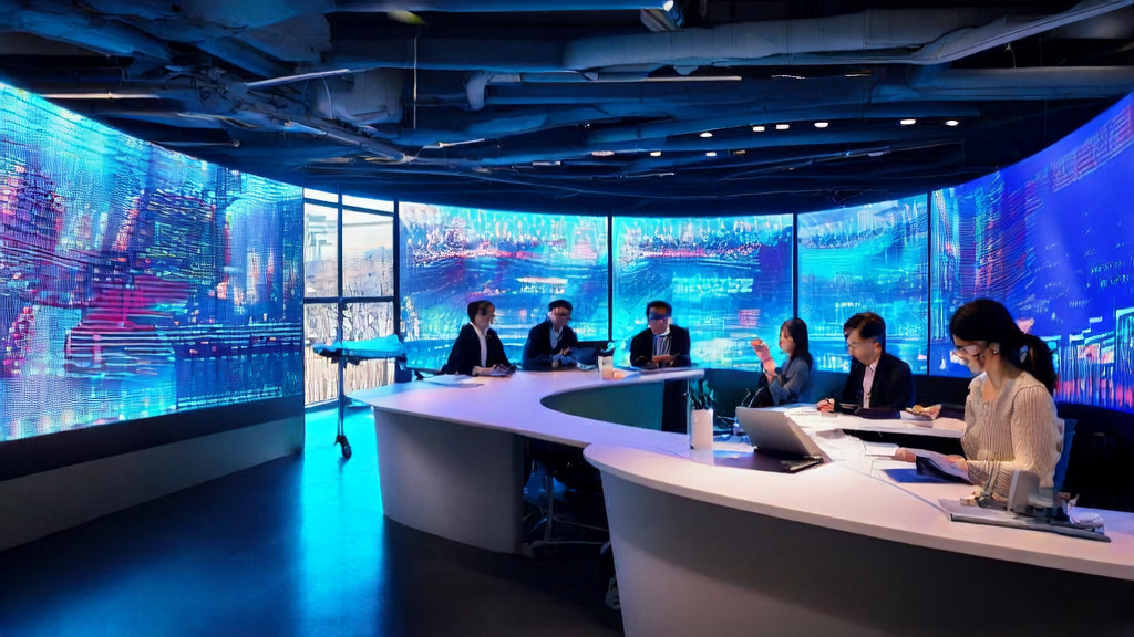 AI customer prediction model being used for data analysis in a futuristic office