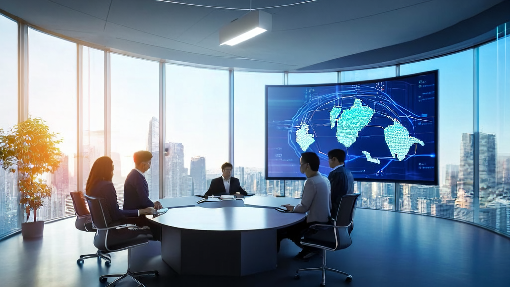 现代化办公室中，员工们正在讨论AI客户预测模型的数据和策略，屏幕显示复杂图表，背景墙有全球地图。
