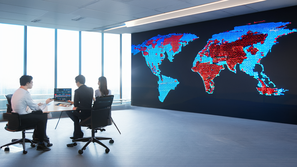 现代化办公室中，团队围绕大屏幕讨论AI客户预测模型，精准筛选优质客户，减少无效投入