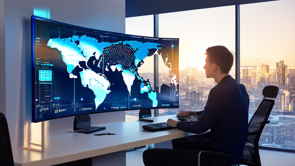 年轻的创业者在现代化办公室中使用AI客户预测模型分析数据，墙上挂着全球地图，旁边是智能白板，阳光透过窗户照入。