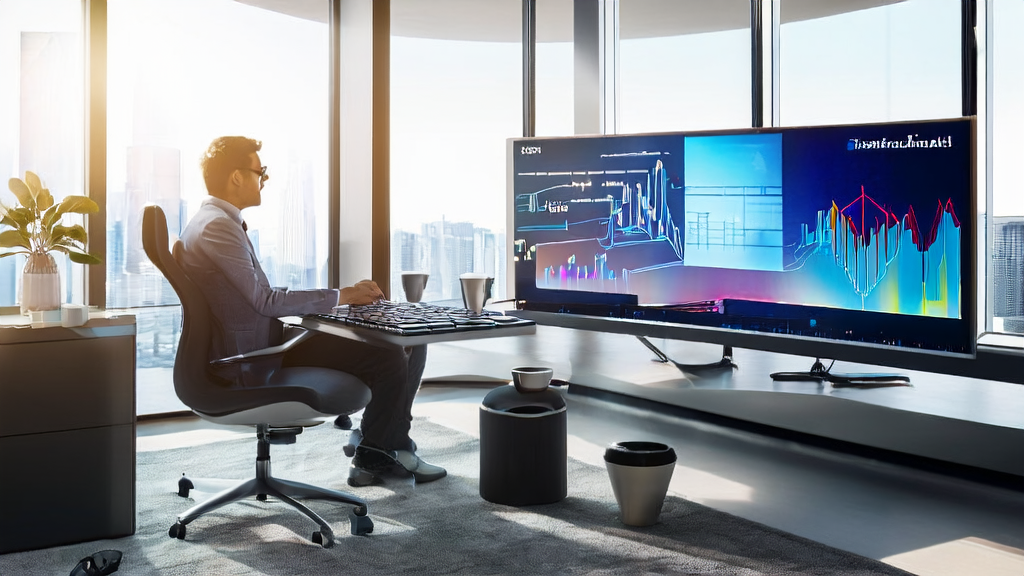 Analyst using AI customer prediction model for data analysis in a modern office
