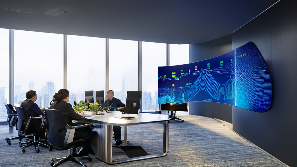 Employees in a modern office using AI customer prediction models for data analysis and customer acquisition