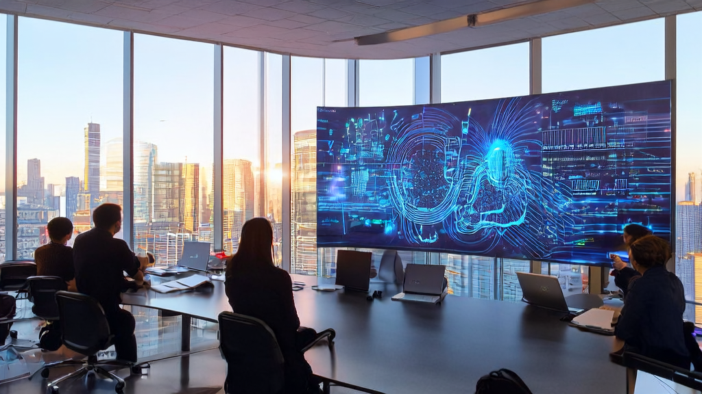 Employees discussing the operation of an AI customer prediction model in a modern office with a view of a bustling cityscape