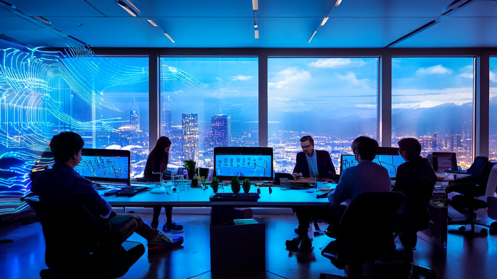 现代化办公室中员工使用AI客户预测模型进行数据分析